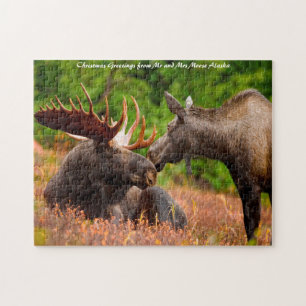 Puzzle Bull and Cow Moose Alaska. Christmas Greetings