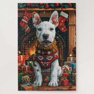 Puzzle Bull Terrier avec les cadeaux de Noël cheminée