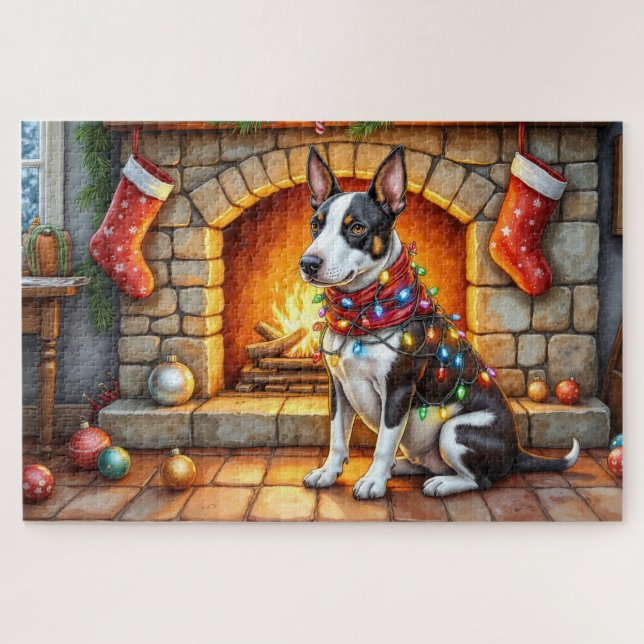 Puzzle Bull Terrier Fireplace with Christmas Lights (Horizontal)