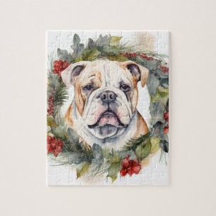 Puzzle Bulldog Christmas Wreath Festive Pup