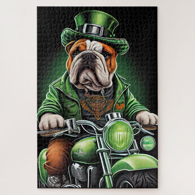 Puzzle Bulldog Driving Bike St. Patrick's Day (Vertical)