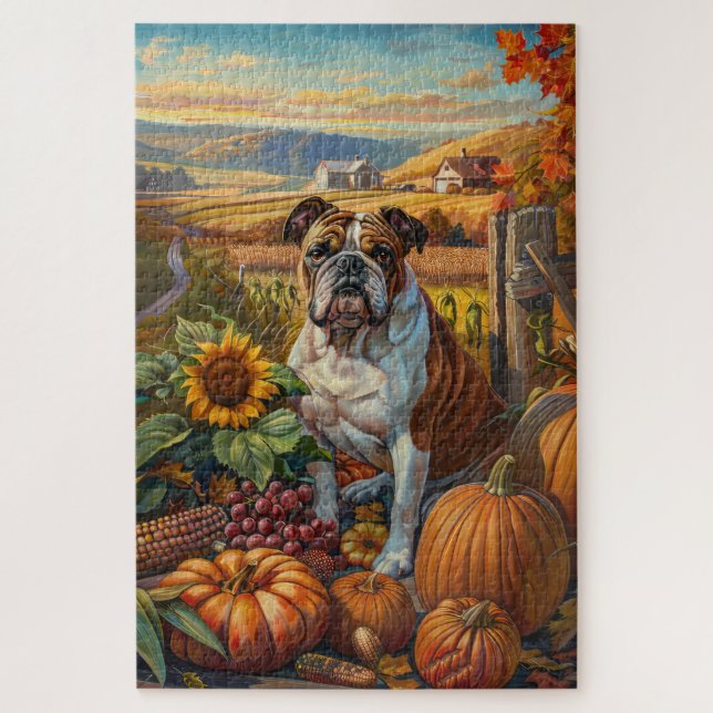 Puzzle Bulldog Récolte d'Automne Action de Grâce (Vertical)