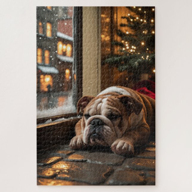 Puzzle Bulldog with Christmas Lights Holiday (Vertical)
