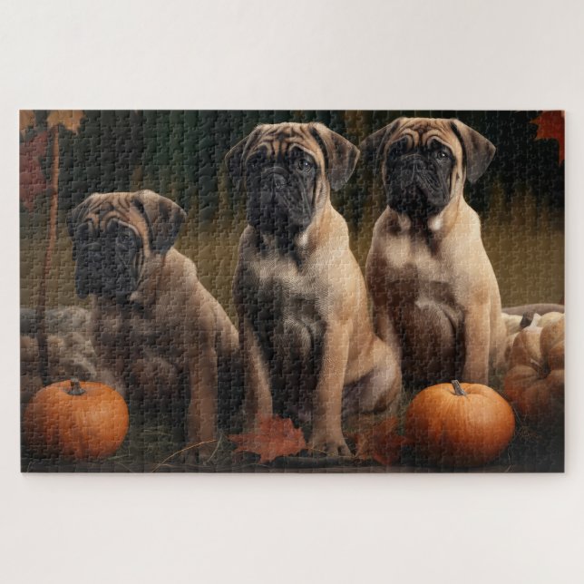 Puzzle Bullmastiff Chiot Automne Citrouille de plaisir (Horizontal)