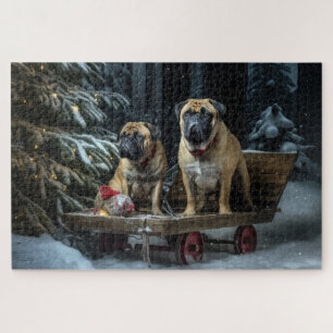 Puzzle Bullmastiff enneigé traîneau décoration de Noël