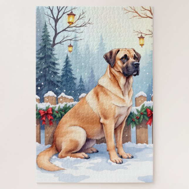 Puzzle Bullmastiff Winter Forest Holly Christmas Art (Vertical)