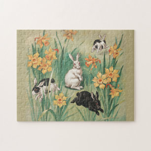 Puzzle Bunnies mignons aux fleurs de jonquille Antique Pâ