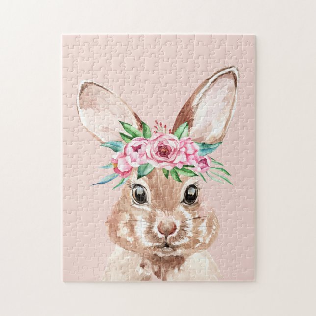 Puzzle Bunny D'Aquarelle Rose Pastel Moderne Avec Fleurs (Vertical)