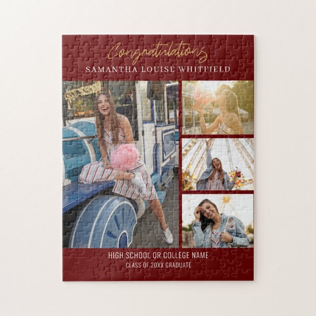 Puzzle Burgundy Graduation Photo Collage Grad Memories (Vertical)