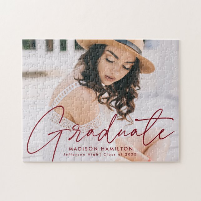 Puzzle Burgundy Moderne Script Photo Graduation (Horizontal)