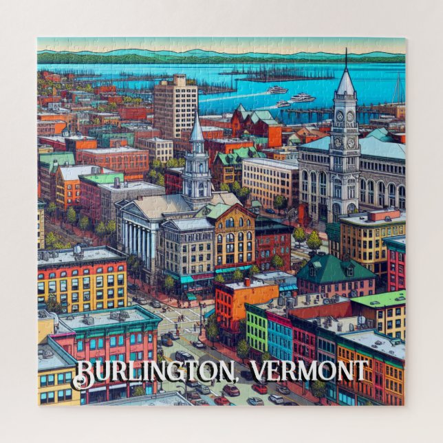 Puzzle Burlington, Vermont Comic Style Art (Vertical)