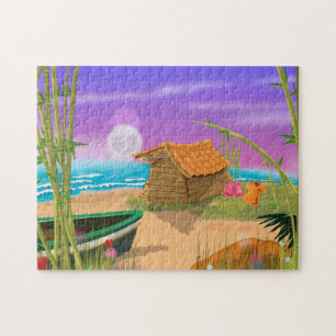 Puzzle "Cabane de plage sur une plage au clair de lune" "