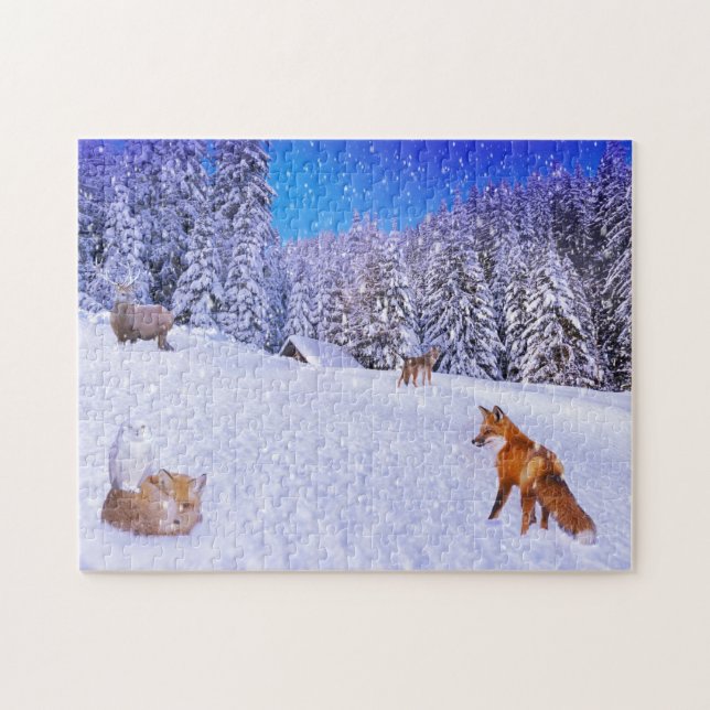 Puzzle Cabane d'hiver avec amis de la faune (Horizontal)