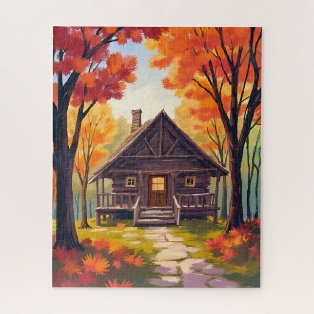 Puzzle Cabane en rondins | Aquarelle de forêt de feuillag (Vertical)