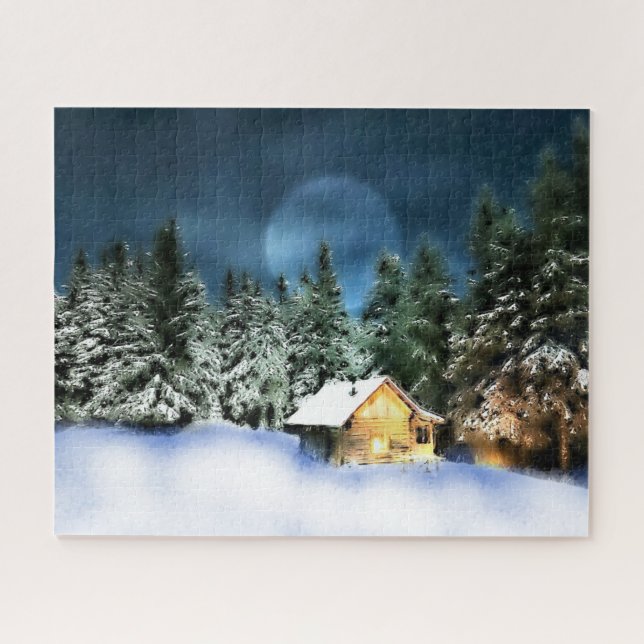 Puzzle Cabane en rondins rustique pleine lune (Horizontal)