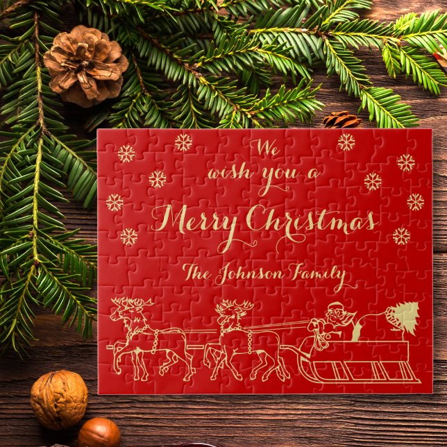 Puzzle Cadeau de Noël personnalisé Jeu de famille Rouge O (Personalized Christmas Gift Family Game Red Gold Jigsaw Puzzle)
