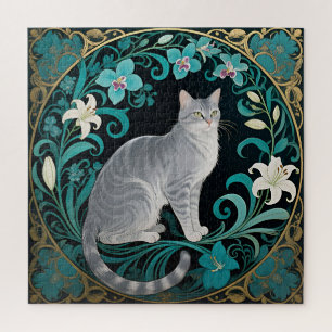 Puzzle Cadre floral orné gris chat