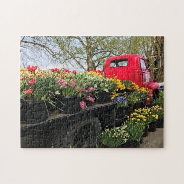 Puzzle Camion rouge avec fleurs de printemps et arc-en-ci (Horizontal)