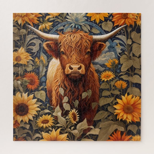 Puzzle Campagne rustique Highland Cow Sunflowers (Vertical)