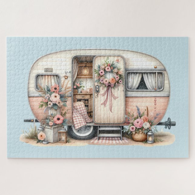 Puzzle Camper Boho avec couronne florale et pastels rose (Horizontal)
