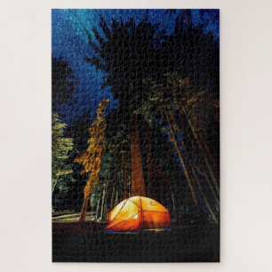 Puzzle Camping Forêt Tente Tall Pines Étoiles Ciel noctur