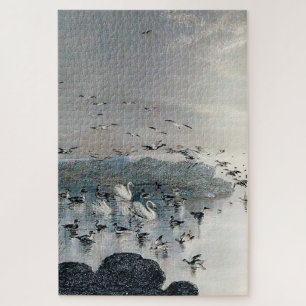 Puzzle Canards, colverts et cygnes sur le lac au coucher