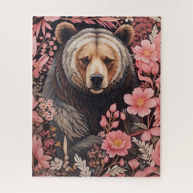 Puzzle Captivant Brown Ours Gaze Fleurs roses (Vertical)