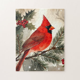 Puzzle Cardinal à l'aquarelle sur branche de pin enneigée