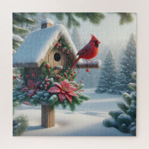 Puzzle Cardinal d'hiver sur une maison d'oiseaux festive