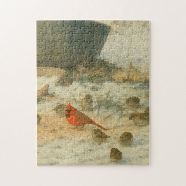 Puzzle Cardinal et moineaux aquarelle d'hiver (Vertical)