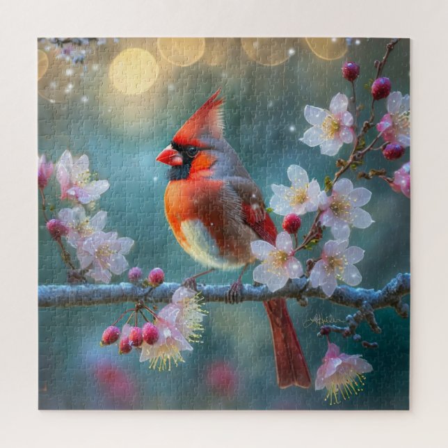 Puzzle Cardinal masculin en fleurs de cerisiers au clair  (Vertical)