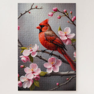 Puzzle Cardinal rouge avec oiseau à fleurs roses