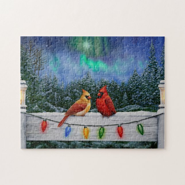 Puzzle Cardinaux et lumières de Noël Neige d'hiver (Horizontal)