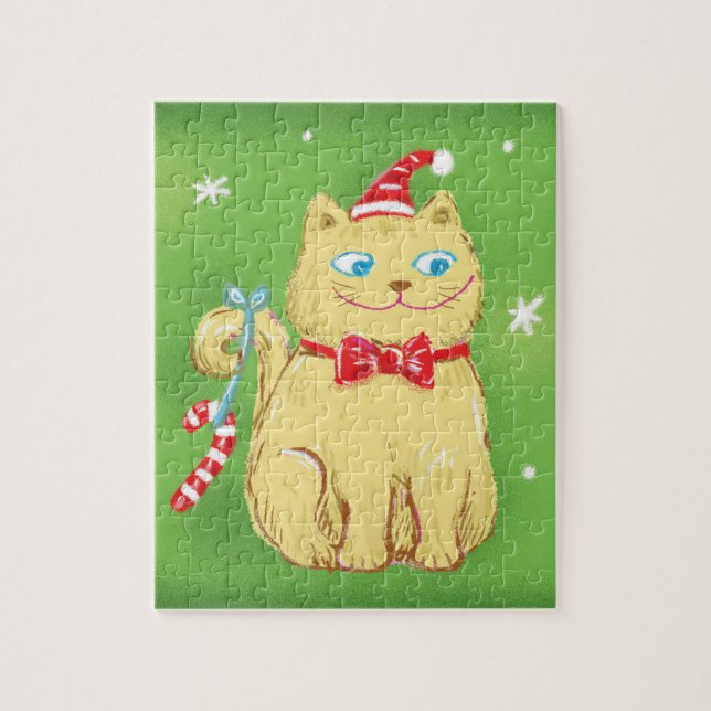 Puzzle Caricature mignonne Chat de Noël avec chapeau de S (Vertical)