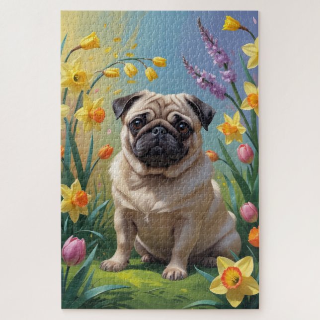 Puzzle Carlin Fleurs de printemps de chien Peinture (Vertical)