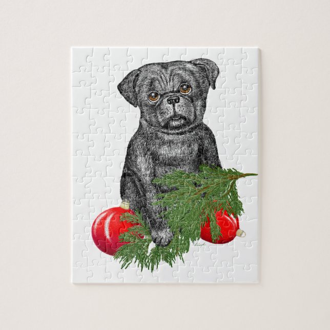 Puzzle Carlin noir Chiot adorable Art de Noël (Vertical)