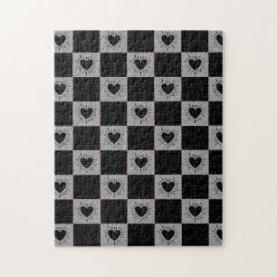 Puzzle Carreau à carreaux noir et gris avec motif de cœur