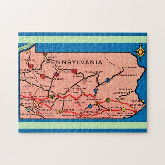 Puzzle Carte 11x14 Pennsylvanie Vintage (Horizontal)