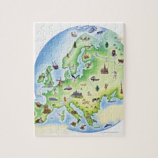 Puzzle Carte de l'Europe avec des illustrations de célèbr (Vertical)