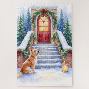 Puzzle Carte de Noël représentant un escalier enneigé ave