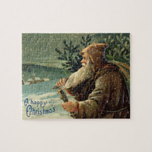 Puzzle Carte de Noël vintage, Père Noël et arbre