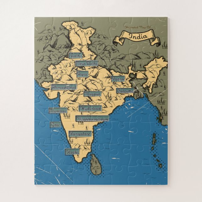 Puzzle Carte de voyage illustrée de l'Inde (Vertical)