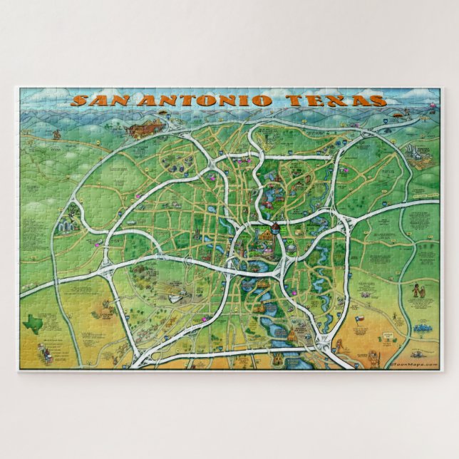Puzzle Carte du dessin animé de San Antonio Texas (Horizontal)