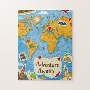 Puzzle Carte du monde Heart Pins Aventure Attend