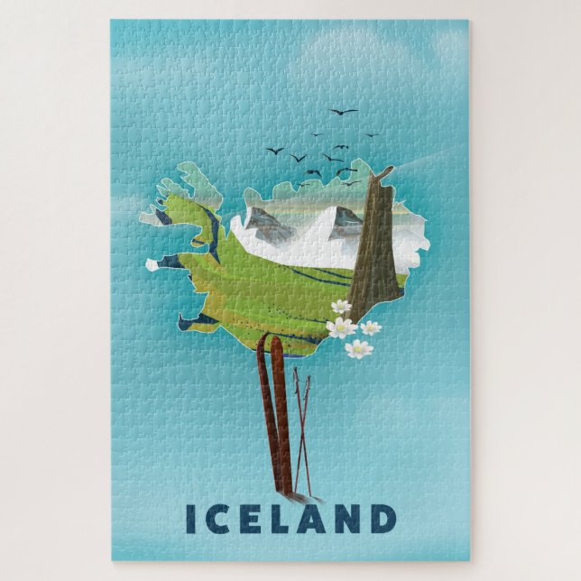 Puzzle Carte Islande Illustration affiche de voyage. (Vertical)