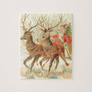 Puzzle Carte postale de Noël vintage, Père Noël avec renn