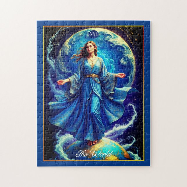 Puzzle Carte Tarot, le monde, en bleu profond (Vertical)