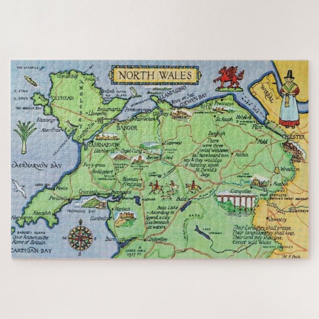 Puzzle Carte vintage illustrée du Pays de Galles du Nord (Horizontal)