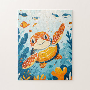 Puzzle Cartoon Sea Turtle Swims in Kelp Forest