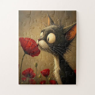 Puzzle Casse-têtes Chat Noir Mignon Fleur Rouge Floral
